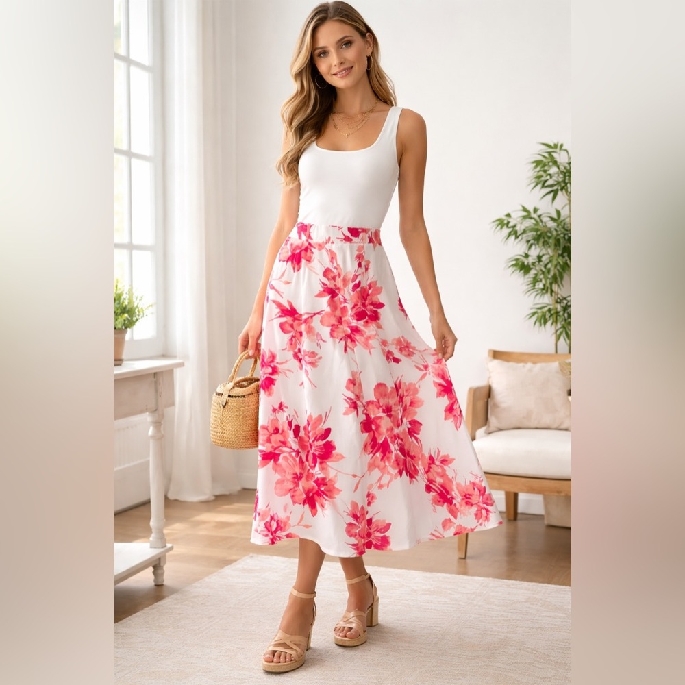 🌺 Messini Floral Midi Skirt Pink Coral Watercolor Print